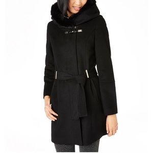 Calvin Klein Belt Asymmetrical Coat Faux-Fur Hood